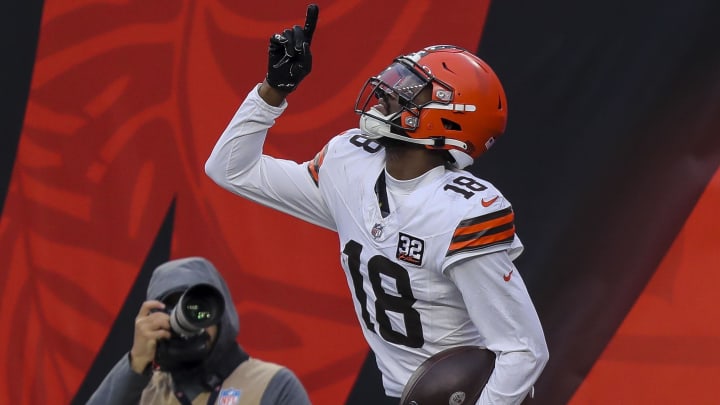 Jan 7, 2024; Cincinnati, Ohio, USA; Cleveland Browns wide receiver David Bell (18) reacts after scoring a touchdown against the Cincinnati Bengals in the second half at Paycor Stadium. Mandatory Credit: Katie Stratman-USA TODAY Sports