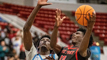 Victory Christian (10) Quinton Wilson goes up for the shot over North Tampa Christian (14) Toni Bryant during the FHSAA 1A state semi final game at the RP Funding Center Tuesday February 25, 2025 in Lakeland Fl. Victory won 65-63 in 4 overtime periods.
Ernst Peters/The Ledger
