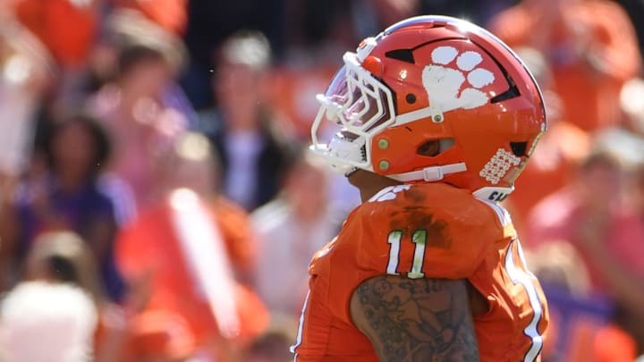 Clemson Tigers defensive tackle Peter Woods (11) celebrates after sacking Duke Blue Devils quarterback Darian Mensah (10) Saturday, Nov. 1, 2025, during the NCAA football game at Memorial Stadium in Clemson, South Carolina.