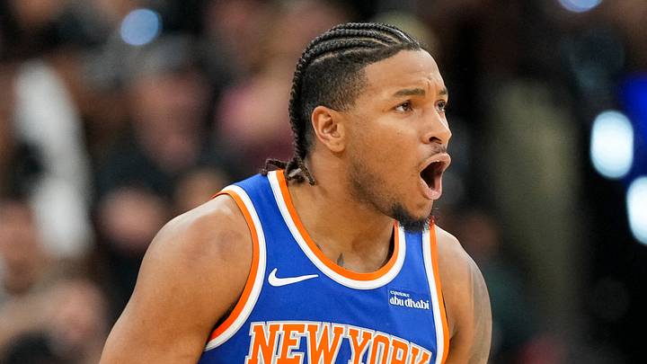 Jun 5, 2026; San Antonio, Texas, USA; New York Knicks guard Miles McBride (2) celebrates during the fourth quarter during game two of the 2026 NBA Finals at Frost Bank Center. Mandatory Credit: Scott Wachter-Imagn Images