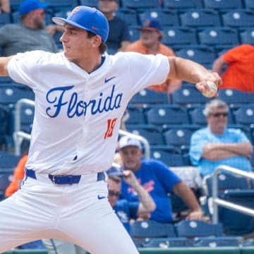 Florida pitcher Pierce Coppola (18) was the starer for the Gators against Kentucky, Friday, May 10, 2024, at Condron Family Ballpark in Gainesville, Florida. The Gators lost 12-11 in extra innings. [Cyndi Chambers/ Gainesville Sun] 2024