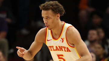 Dyson Daniels #5 of the Atlanta Hawks reacts against the Phoenix Suns.