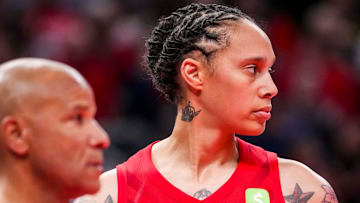 Atlanta Dream center Brittney Griner (42) watches a free throw Tuesday, May 20, 2025, during a game between the Indiana Fever and the Atlanta Dream at Gainbridge Fieldhouse in Indianapolis. The Atlanta Dream defeated the Indiana Fever, 91-90.