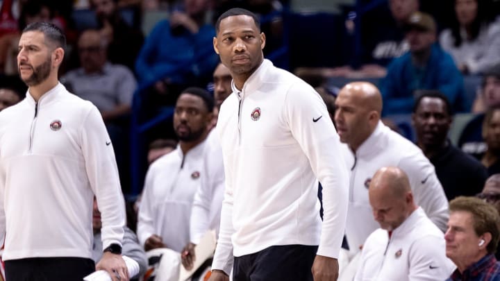 Mar 16, 2024; New Orleans, Louisiana, USA;  New Orleans head coach Willie Green looks on against the Portland Trail Blazers during the first half at Smoothie King Center.