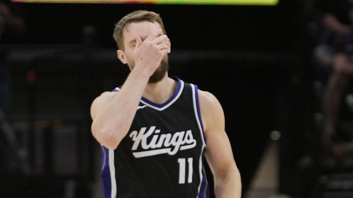 Apr 9, 2025; Sacramento, California, USA; Sacramento Kings forward Domantas Sabonis (11) reacts after losing control of the ball during the third quarter of the game against the Denver Nuggets at Golden 1 Center. Mandatory Credit: Ed Szczepanski-Imagn Images