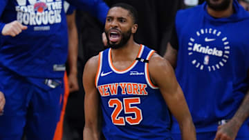 May 5, 2025; Boston, Massachusetts, USA; New York Knicks forward Mikal Bridges (25) reacts after stripping the ball from Boston Celtics guard Jaylen Brown (7) (not pictured) winning the game in overtime during game one of the second round for the 2025 NBA Playoffs at TD Garden. Mandatory Credit: David Butler II-Imagn Images