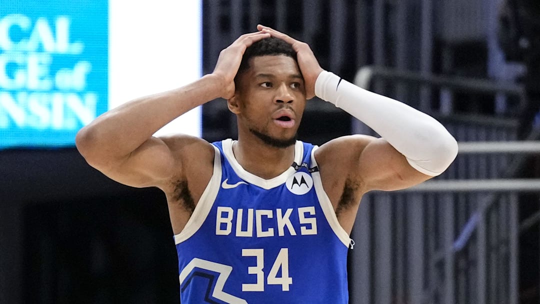 Milwaukee Bucks forward Giannis Antetokounmpo (34) reacts after fouling out during the fourth quarter against the Indiana Pacers at Fiserv Forum on March 15, 2025.