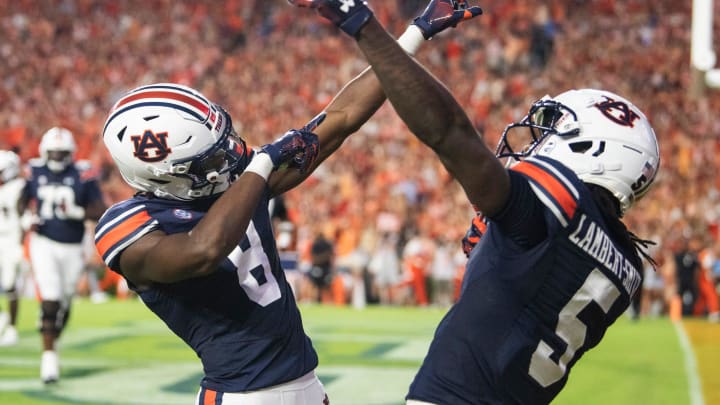 Auburn Tigers wide receivers Cam Coleman and KeAndre Lambert-Smith celebrate in a win over Alabama A&M. 