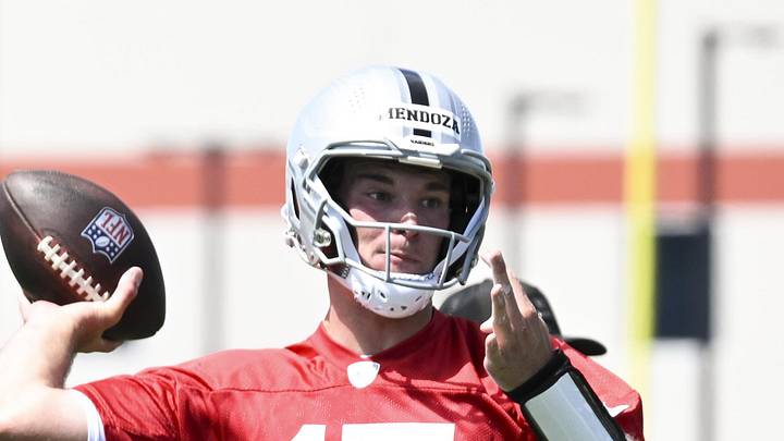 Las Vegas Raiders quarterback Fernando Mendoza runs through a drill during a Rookie Minicamp.
