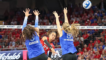 Nebraska outside hitter Harper Murray fires an attack against Creighton.