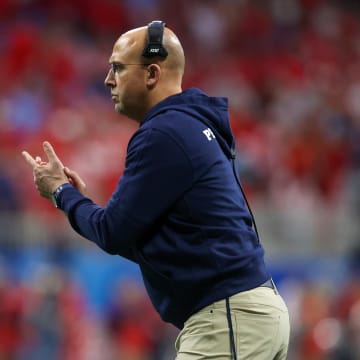 Penn State Nittany Lions head coach James Franklin on the sideline  against the Ole Mississippi Rebels in the second quarter of the Peach Bowl at Mercedes-Benz Stadium.