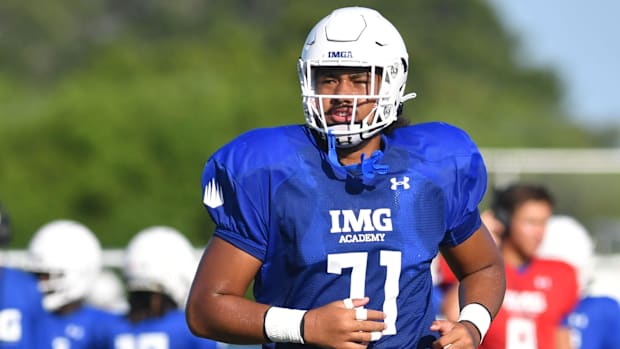 Offensive lineman Pepe Keenyi (#71) during practice on Friday, Aug. 2, 2024 on IMG Academy Football Media Day in Bradenton, F