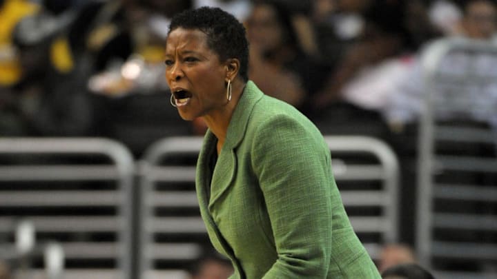 Jun 8, 2010; Los Angeles, CA, USA; Los Angeles Sparks coach Jennifer Gillom during the game against the Phoenix Mercury at the Staples Center. The Sparks defeated the Mercury 92-91. Mandatory Credit: Kirby Lee/Image of Sport-Imagn Images