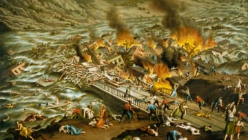 A lithograph of the 1889 Johnstown Flood made in the 1890s shows the debris caused by the flood in flames.