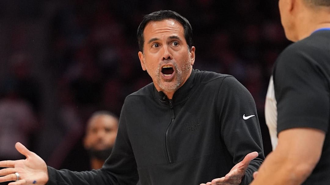 Miami Heat Head Coach Erik Spoelstra objects to a call (Mandatory Credit: Jim Dedmon-Imagn Images)