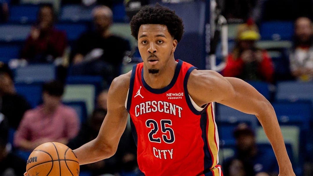 Dec 4, 2025; New Orleans, Louisiana, USA; New Orleans Pelicans forward Trey Murphy III (25) brings the ball up court against the Minnesota Timberwolves during the first half at Smoothie King Center. Mandatory Credit: Stephen Lew-Imagn Images