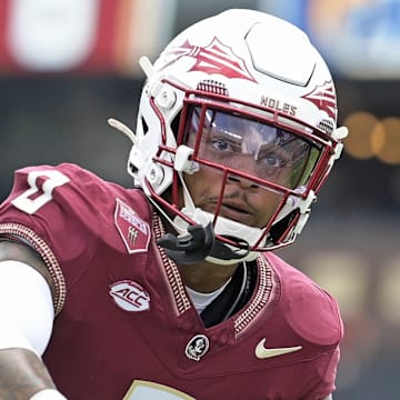 Sep 20, 2025; Tallahassee, Florida, USA; Florida State Seminoles defensive back Earl Little Jr. (0) before the game against the Kent State Golden Flashes at Doak S. Campbell Stadium. Mandatory Credit: Melina Myers-Imagn Images