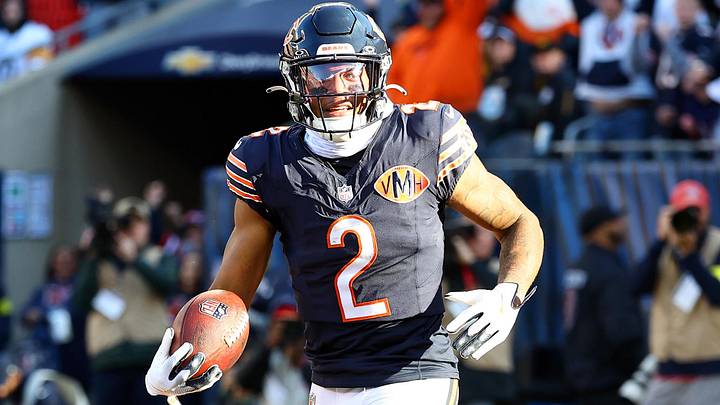 Nov 23, 2025; Chicago, Illinois, USA; Chicago Bears wide receiver DJ Moore (2) makes a touchdown catch against the Pittsburgh Steelers during the second half at Soldier Field. Mandatory Credit: Mike Dinovo-Imagn Images