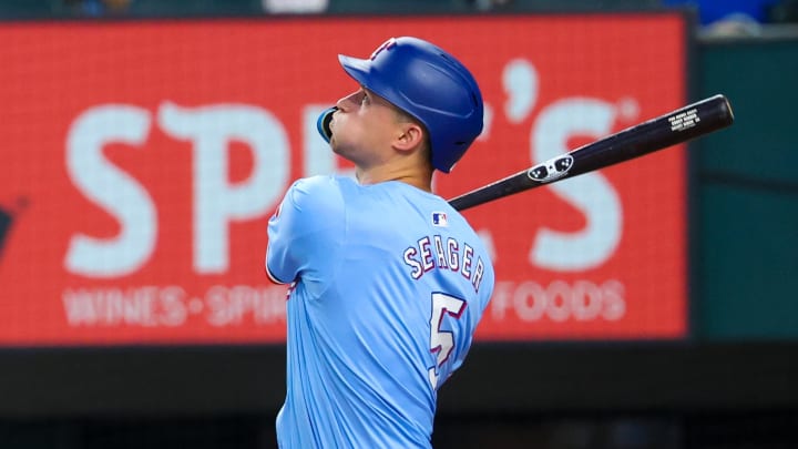 Texas Rangers shortstop Corey Seager (5) hits a home run during the first inning against the Boston Red Sox at Globe Life Field on Aug 4.