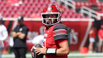 Sep 7, 2024; Salt Lake City, Utah, USA; Utah Utes quarterback Cameron Rising (7) warms up before the game against the Baylor Bears at Rice-Eccles Stadium. Mandatory Credit: Rob Gray-Imagn Images