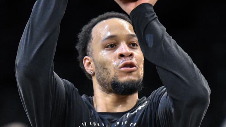 Dec 14, 2025; Brooklyn, New York, USA; Milwaukee Bucks guard/forward Amir Coffey (17) warms up before a game against the Brooklyn Nets at Barclays Center. Mandatory Credit: John Jones-Imagn Images