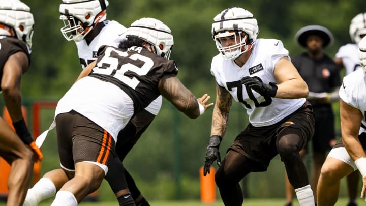 Offensive Guard Zak Zinter takes a rep in training camp July 27, 2024