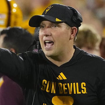 Arizona State head coach Kenny Dillingham calls out to his player against Wyoming at Sun Devil Stadium.