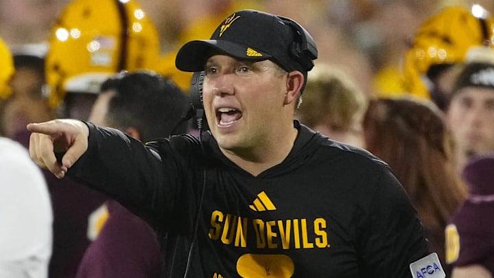 Arizona State head coach Kenny Dillingham calls out to his player against Wyoming at Sun Devil Stadium.