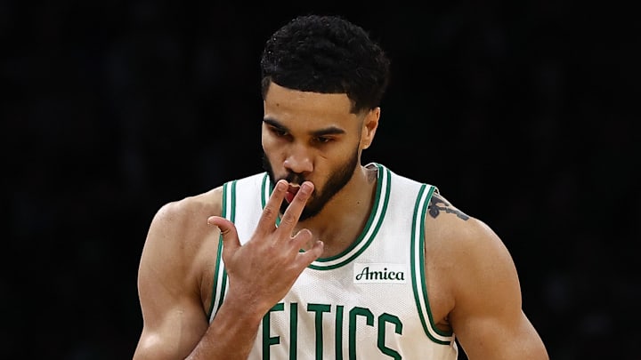 Mar 25, 2026; Boston, Massachusetts, USA; Boston Celtics forward Jayson Tatum (0) kisses his fingers after making a three point basket against the Oklahoma City Thunder during the second quarter at TD Garden. Mandatory Credit: Winslow Townson-Imagn Images
