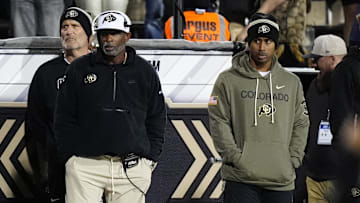 Nov 1, 2025; Boulder, Colorado, USA; Colorado Buffaloes head coach Deion Sanders on the sidelines during the fourth quarter against the Arizona Wildcats at Folsom Field. Mandatory Credit: Ron Chenoy-Imagn Images