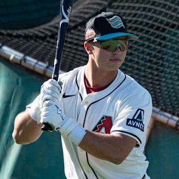 Second baseman, Tommy Troy warms up for batting practice during the Arizona Fall League media day at Scottsdale Stadium on Oct. 4, 2024, in Scottsdale, Arizona.