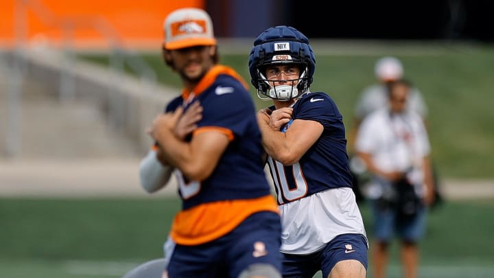 Jul 26, 2024; Englewood, CO, USA; Denver Broncos quarterback Bo Nix (10) during training camp at Broncos Park Powered by CommonSpirit. 