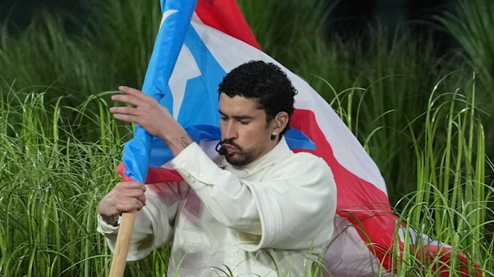 Bad Bunny performs at halftime in Super Bowl LX