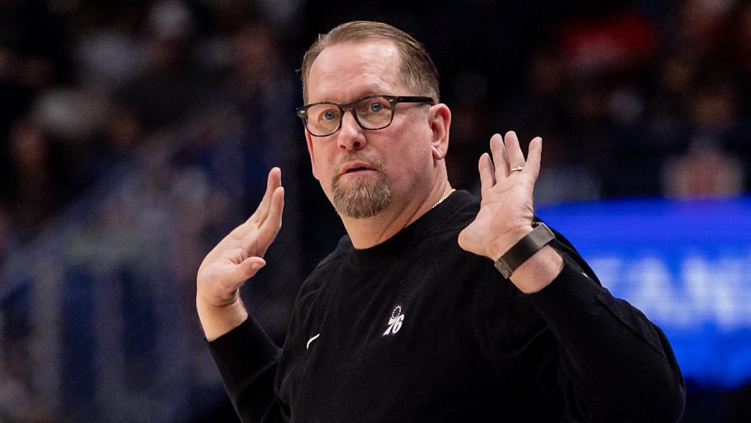 Philadelphia 76ers head coach Nick Nurse reacts to a play against the New Orleans Pelicans during the first half at Smoothie King Center.