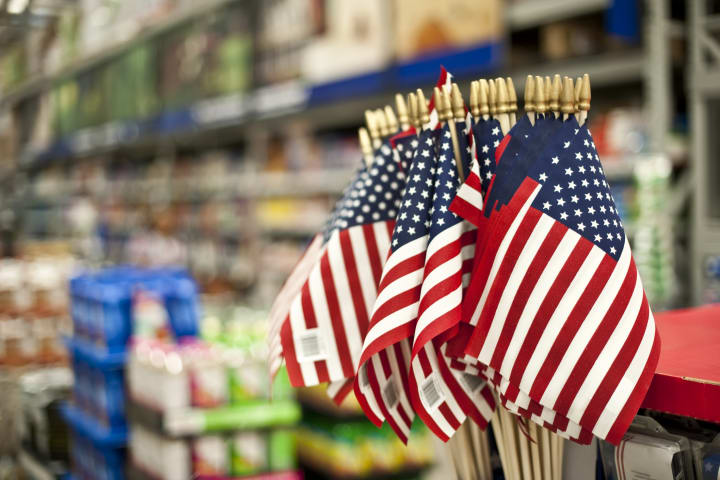 American flags for sale in a Megastore.