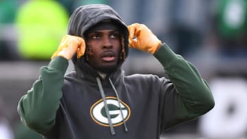 Jan 12, 2025; Philadelphia, Pennsylvania, USA; Green Bay Packers wide receiver Jayden Reed (11) during warmups against the Philadelphia Eagles in an NFC wild card game at Lincoln Financial Field. Mandatory Credit: Eric Hartline-Imagn Images