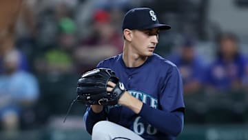 Seattle Mariners pitcher George Kirby (68) pitches against the Texas Rangers in the first inning at Globe Life Field in 2024.
