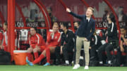 Women's Canadian National team head coach Bev Priestman reacts on the side of the pitch.