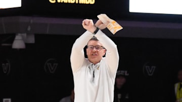 Feb 22, 2025; Nashville, Tennessee, USA; Vanderbilt Commodores head coach Mark Byington calls out the play against the Mississippi Rebels during the second half at Memorial Gymnasium. Mandatory Credit: Steve Roberts-Imagn Images