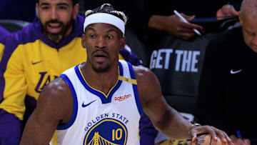 Jimmy Butler 10 of the Golden State Warriors during their regular season game against the Los Angeles Lakers.