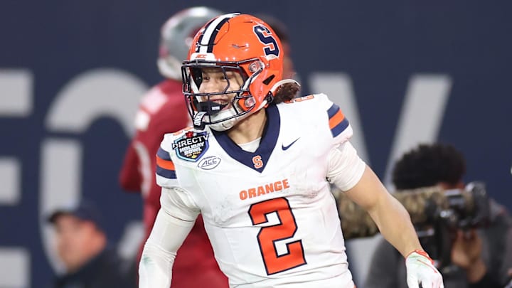 Dec 27, 2024; San Diego, CA, USA; Syracuse Orange wide receiver Trebor Pena (2) celebrates a touchdown against the Washington State Cougars during the second half at Snapdragon Stadium. Mandatory Credit: Abe Arredondo-Imagn Images Dec 27, 2024; San Diego, CA, USA; Syracuse Orange wide receiver Trebor Pena (2) celebrates a touchdown against the Washington State Cougars during the second half at Snapdragon Stadium. Mandatory Credit: Abe Arredondo-Imagn Images