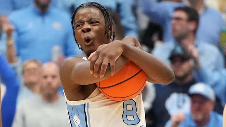 Feb 7, 2026; Chapel Hill, North Carolina, USA; North Carolina Tar Heels forward Caleb Wilson (8) reacts in the second  half at Dean E. Smith Center. Mandatory Credit: Bob Donnan-Imagn Images