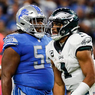 Detroit Lions defensive tackle Alim McNeill (54) reacts to a play against Philadelphia Eagles quarterback Jalen Hurts (1) 