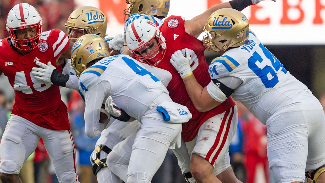 Nebraska defensive lineman Ty Robinson sacks UCLA quarterback Ethan Garbers for an 8-yard loss during the third quarter.