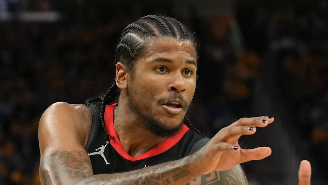 Apr 26, 2025; San Francisco, California, USA; Houston Rockets guard Jalen Green (4) catches a pass against the Golden State Warriors during the third quarter of game three of first round for the 2024 NBA Playoffs at Chase Center. Mandatory Credit: Darren Yamashita-Imagn Images