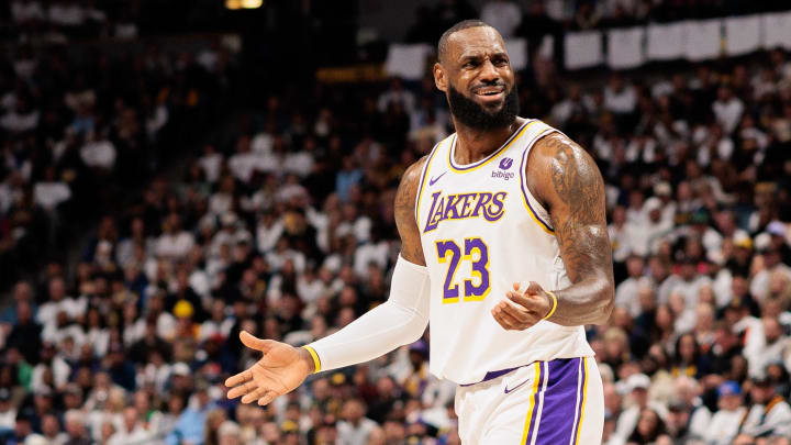 Los Angeles Lakers forward LeBron James (23) reacts during the first quarter against the Denver Nuggets in game one of the first round for the 2024 NBA playoffs at Ball Arena.