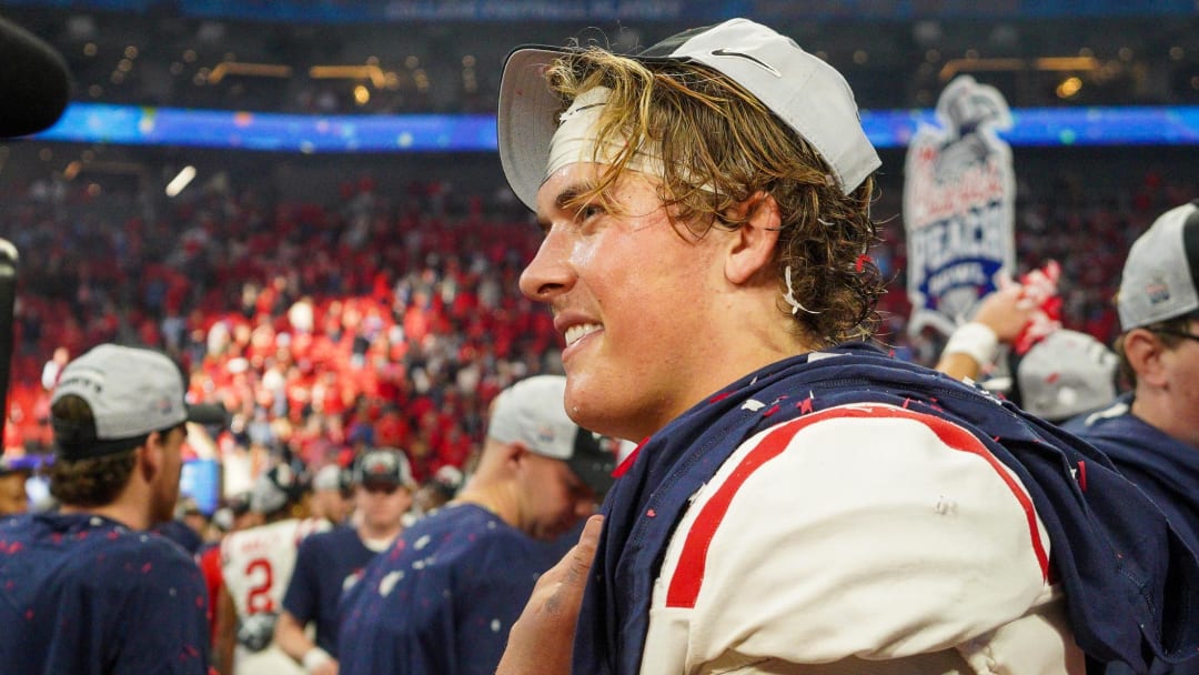 Dec 30, 2023; Atlanta, GA, USA; Mississippi Rebels quarterback Jaxson Dart (2) celebrates after a victory against the Penn State Nittany Lions in the Peach Bowl at Mercedes-Benz Stadium. Mandatory Credit: Brett Davis-USA TODAY Sports Dec 30, 2023; Atlanta, GA, USA; Mississippi Rebels quarterback Jaxson Dart (2) celebrates after a victory against the Penn State Nittany Lions in the Peach Bowl at Mercedes-Benz Stadium. Mandatory Credit: Brett Davis-USA TODAY Sports