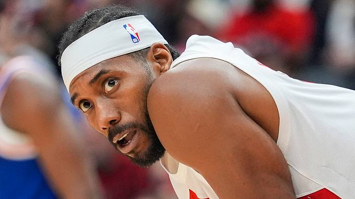 Oct 13, 2026; Toronto, Ontario, CAN;  Toronto Raptors forward Kawhi Leonard (2) during a break in the action against the New York Knicks during the first half at Scotiabank Arena.  Mandatory Credit: John E. Sokolowski-Imagn Images