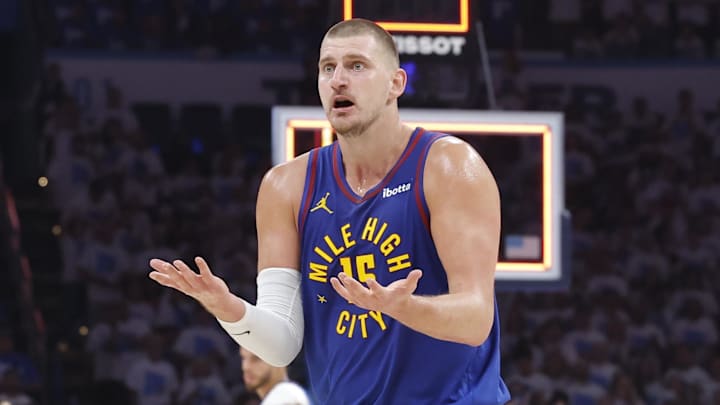May 13, 2025; Oklahoma City, Oklahoma, USA; Denver Nuggets guard Jamal Murray (27) and center Nikola Jokic (15) react to an official's call after a play against the Oklahoma City Thunder during the second quarter of game five of the second round for the 2025 NBA Playoffs at Paycom Center. Mandatory Credit: Alonzo Adams-Imagn Images