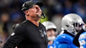 Detroit Lions head coach Dan Campbell reacts to a play against the Green Bay Packers during the first half at Ford Field in Detroit on Thursday, Nov. 27, 2025.